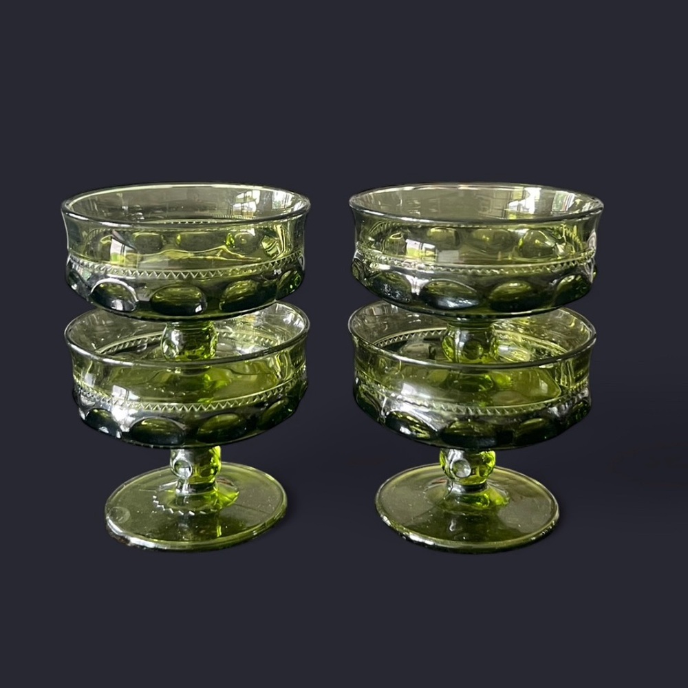 4 VINTAGE MCM Indiana Glass King's Crown Thumbprint Footed Green Sherbet Dishes - Picture 4 of 5